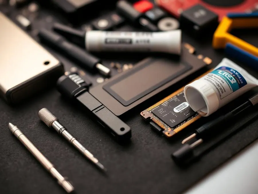 SSD, RAM, and precision screwdrivers used for computer repairs and upgrades