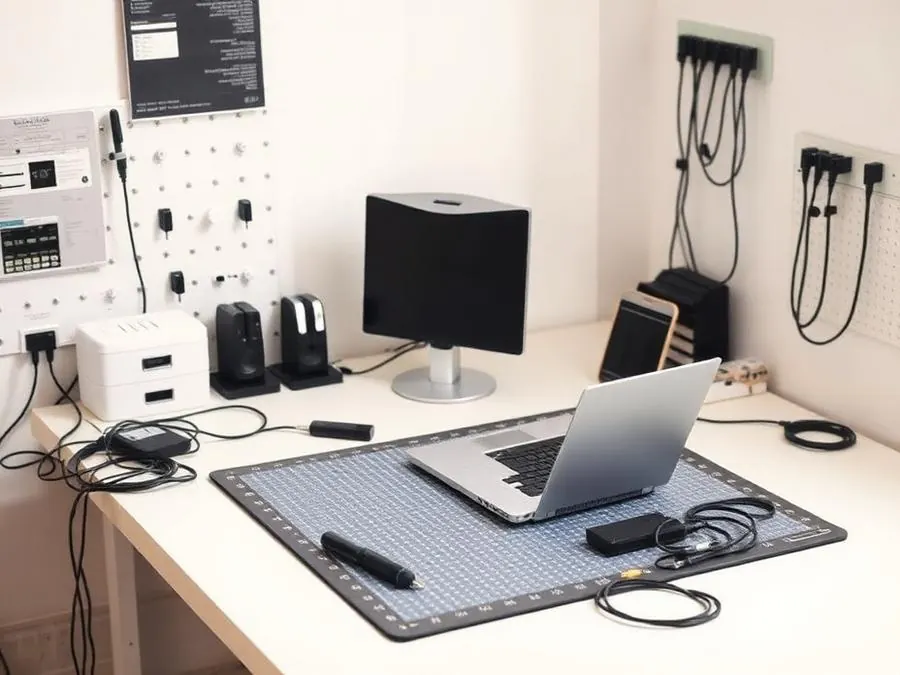 Computer repair workspace with a laptop on a repair mat and organized tools